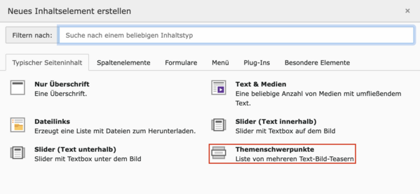 Assistenten zum Anlegen einer Gruppe von Themenschwerkunten im Typo3-Backend