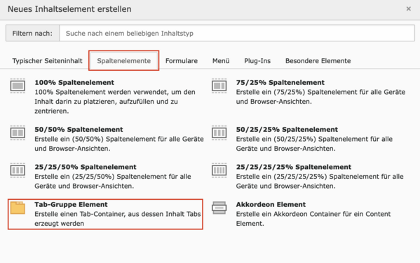 Assistent zum Anlegen der Tab-Gruppe im Typo3-Backed