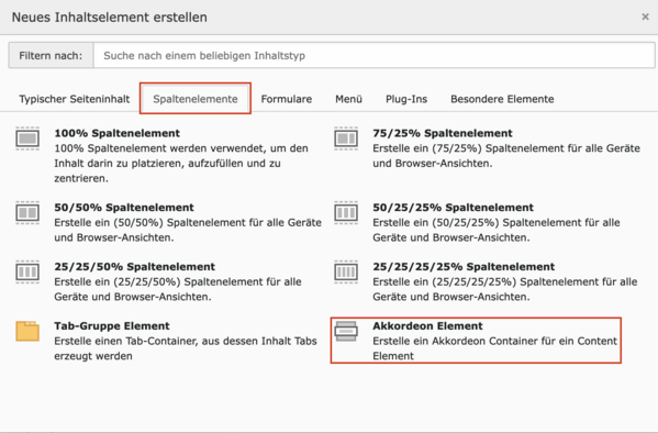 Assistent zum Anlegen eines Akkordeon-Elements im Typo3-Backend