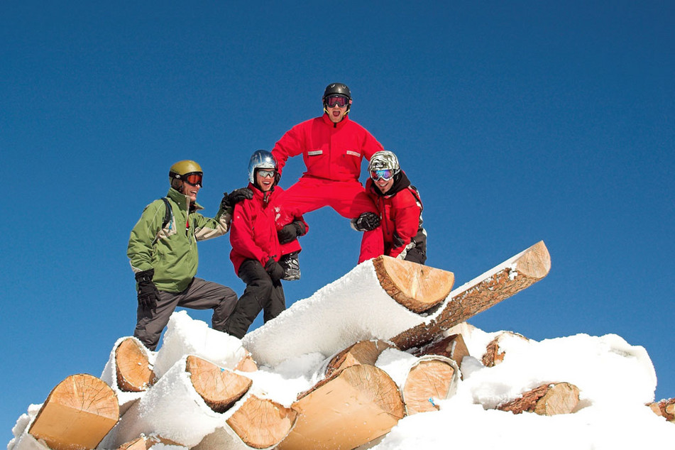 Vier Wintersportler stehen auf Baumstämmen