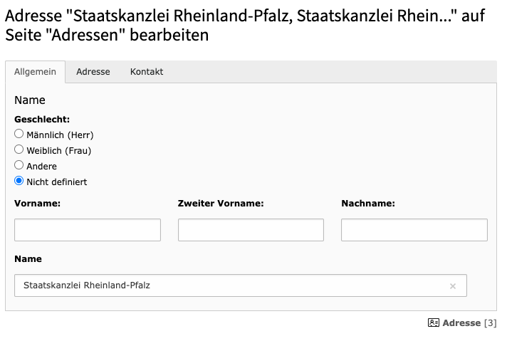 Eingabemaske Tab Allgemein zum Anlegen neuer Adressen im Typo3-Backend