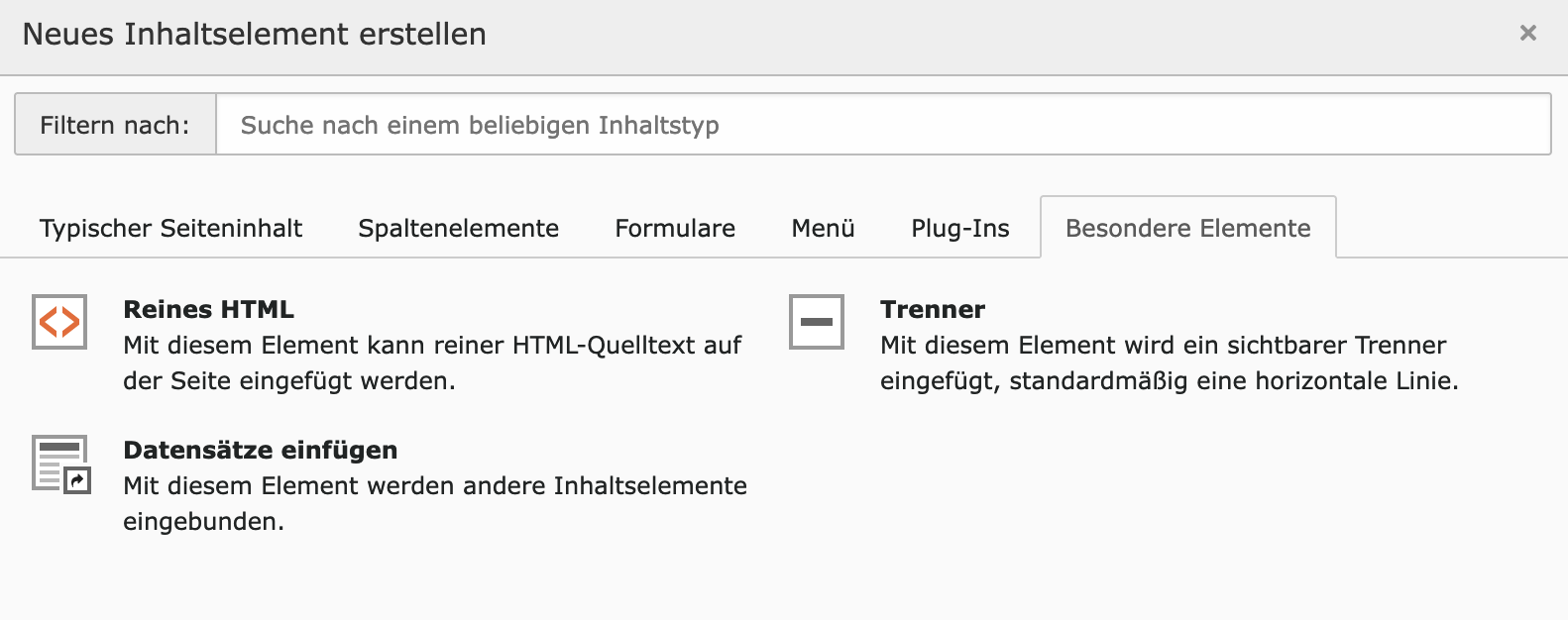 Assistenten zum Anlegen eines HTML-Elements im Typo3-Backend