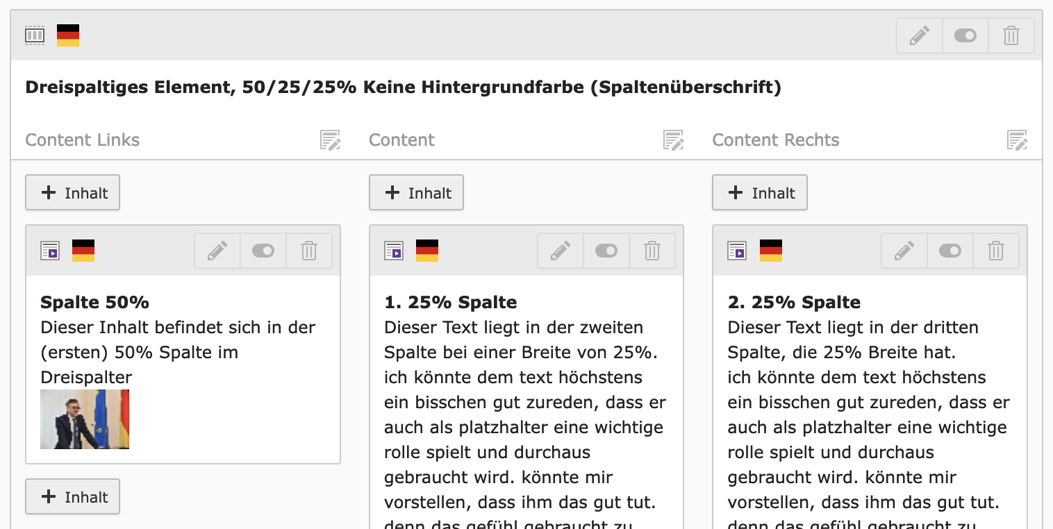 Ansicht eines 50/25/25% Spaltenelements im Typo3-Backend