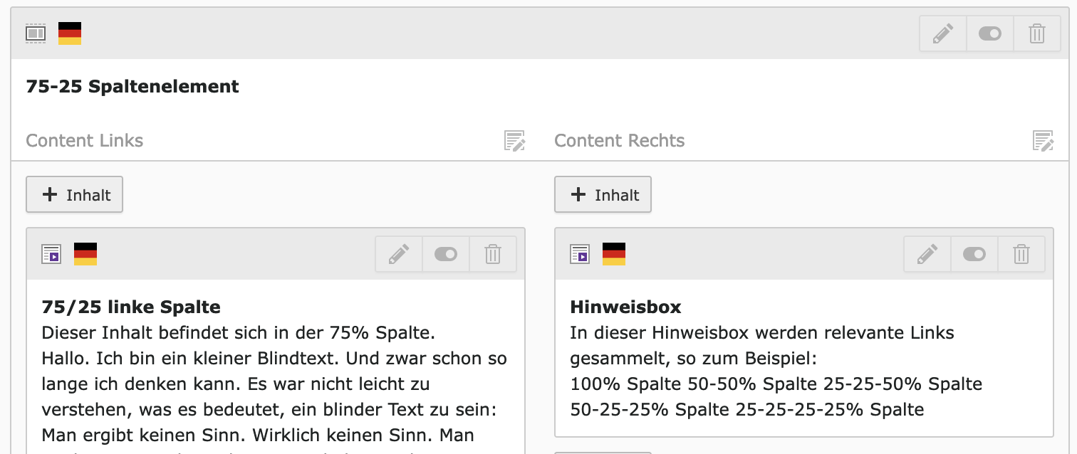 Ansicht eines 75/25% Spaltenelements im Typo3-Backend