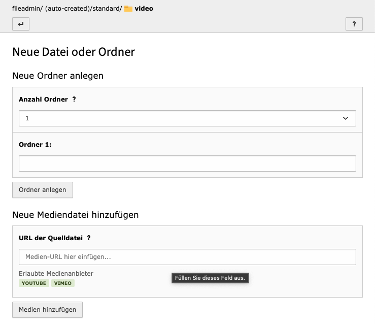 Schritt 1 zum Anlegen eines Datensatzes für ein neuen Videos im Typo3-Backend